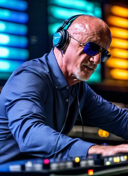 (masterpiece, best quality), Jonathan Banks as Mike Ehrmantraut dj (playing on the dj panel), (dj panel), (headphones), sunglasses, 1man,  professional photography, high resolution, 8k, detailed photo <lora:mikeet:1>, hyperealistic, ultrasharp