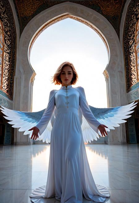 semi-realistic, an angel hovering in the middle of a mosque, indoors, sfw BREAK
angel, adult, spread wings, halo, beautiful face, androgynous, femboy BREAK
warm lighting