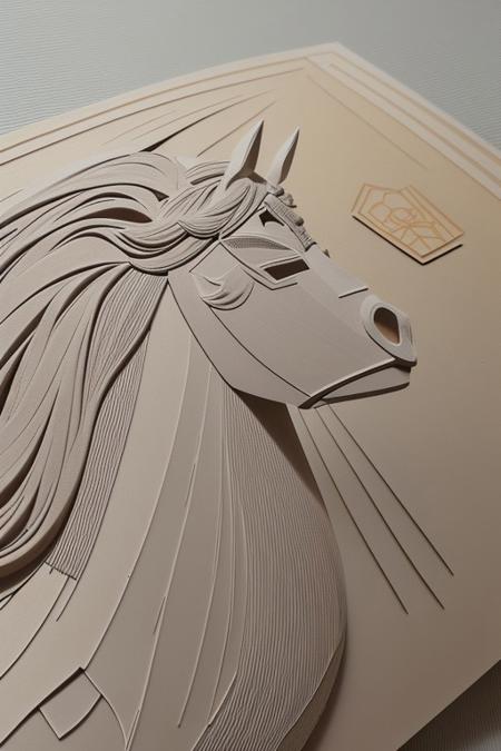 A beautiful and artistic paper cutout composition depicting a samurai warrior on a horse in an elegant, handcrafted style. The compositions are intricately cut from high-quality textured paper, with soft shadows cast onto the background, adding depth and dimension. Surrounding the samurai warrior are delicate paper cutout bonsai, and swirling decorative elements, creating a sense of traditional japanese art and craftsmanship. The lighting is soft and warm, enhancing the texture of the paper and giving the scene a handmade aesthetic. The background is a pale rising sun in a softly blurred gradient to keep the focus on the intricate details of the paper art.