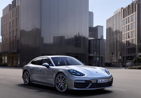 1porsche-panamer,bright silver color, back view, parked in front of a tall building on a city streetx<lora:lora-majic-2porsche-panamer2.1-000029:0.8>