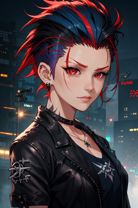 1girl, solo, gold eyes, ((SuperShortHair:1.5)), detailed eyes, short sleeves, closed mouth, smirk, large breasts, covered, black shirt, necklace, outdoors, stud earrings, colored scelera, black sclera, zoom out, lesbian vibes, soft features EpicMIx-EmopUNk  FemShortHair