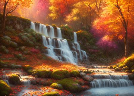 a stunning waterfall, magical, warm, pastel painting, colorful, grass, autumn, falling leaves, soft focus, studio quality, volumetric lighting, highres, realistic, professional