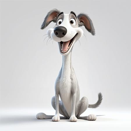 hubby cute fluffy the little greyhound's belly, funny facial expressions, exaggerated movements, 3D characters, white background, a bit fluffy, elongated shapes, cartoon style, minimalist