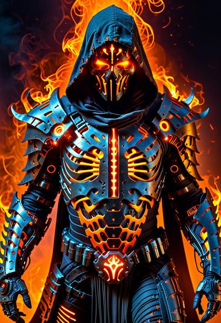 dark rugged realm, phantom warrior emerges from the shadows, clad in tattered black cyberpunk armor, etched with fiery orange circuitry, like a dark mechanical specter, The figure's face is shrouded in an impenetrable black hood, with only two blazing orange optics piercing the darkness, like hot coals from a malevolent forge, The armor is shifting and writhe like living darkness, with orange neon-like energy bleeding from the cracks,
