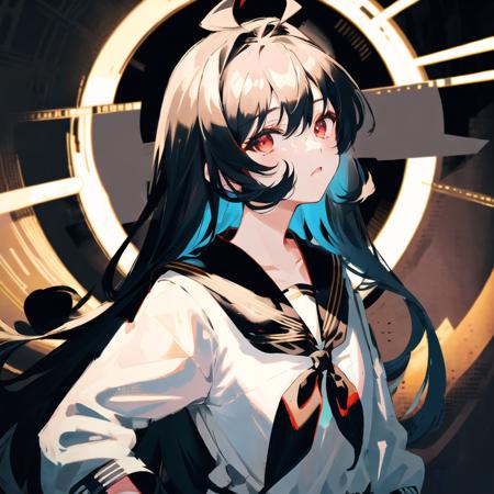 detailed,best quality,masterpiece,illustration,wallpaper,golden ratio,1girl,solo,upper body,beautiful detailed cold face,bow,eyeliner,long hair, black hair,(ahoge:1.2),bangs,hair between eyes,gray inner hair,red eyes,looking at viewer,black sailor collar,serafuku,a (blackhole) behind the girl,depth of field