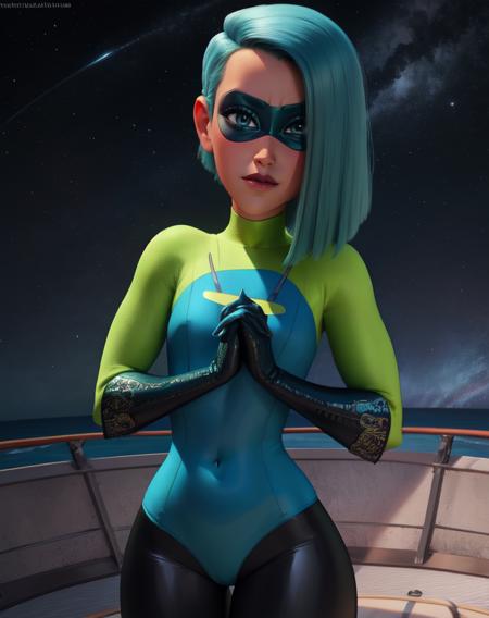 Voyd,blue hair , blue eyes  ,short hair, lips,  own hands together,  nervous, 
 domino mask, bodysuit,  skin tight, covered navel,  gloves, 
, standing, upper body,
  stars, cruise ship, 
(insanely detailed, beautiful detailed face,beautiful detailed eyes, masterpiece, best quality)  solo, 
 <lora:Voyd-10v6:0.7>