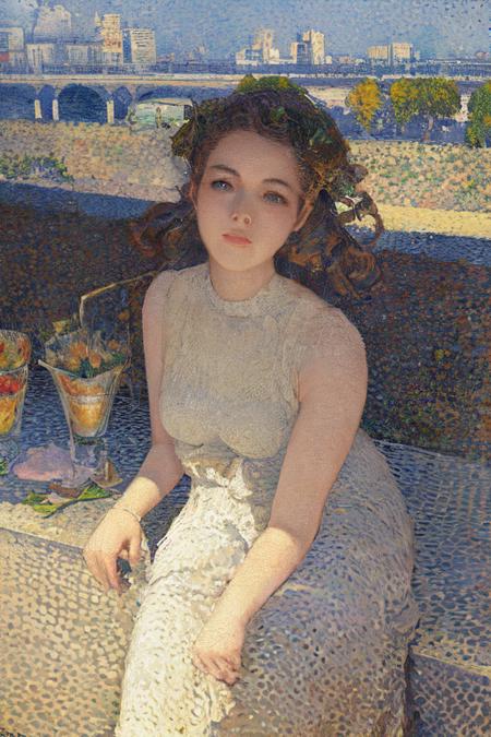 masterpiece,best quality,1girl,solo,balcony,pointillism,  <lora:pointillismv2-000019:1.1>