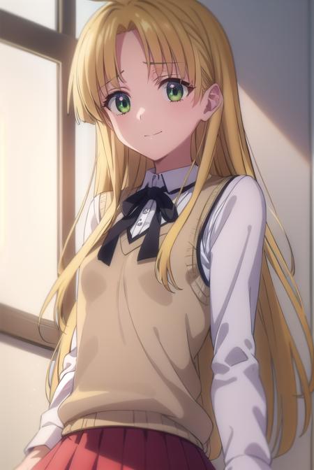 asiaargento, <lora:asia argento anime s1-lora-nochekaiser:1>,
asia argento, long hair, blonde hair, (green eyes:1.3), (parted bangs:1.5), ahoge, smile, (small breasts:1.2),
BREAK skirt, shirt, long sleeves, ribbon, school uniform, pleated skirt, vest, red skirt, sweater vest,
BREAK indoors, classroom,
BREAK looking at viewer, (cowboy shot:1.5),
BREAK <lyco:GoodHands-beta2:1>, (masterpiece:1.2), best quality, high resolution, unity 8k wallpaper, (illustration:0.8), (beautiful detailed eyes:1.6), extremely detailed face, perfect lighting, extremely detailed CG, (perfect hands, perfect anatomy),