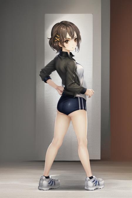 1girl, full_body, solo, brown_hair, buruma, shoes, jacket, track_jacket, sneakers, gym_uniform, brown_eyes, looking_at_viewer, white_footwear, looking at viewer, high detail,detailed,best quality,