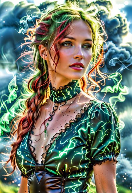 Mystic Lumina, (close up:1.8), Stable_Yogis_PDXL_Positives, (Victorian blouse:2.3), Realism_Quality_2xx_By_Stable_Yogi, (anatomically correct:1.7), photo, photo_realistic, 1girl, mature_woman, European, 27 years old, parted_lips, choker, seductive smile, sultry, serious stare, stern look, close-up, eye shadow, makeup, milf, mature female, pureerosface_v1, Expressiveh, intricate_details_xl, natural skin, realistic, hands out of view, red lipstick, makeup, Influencers Deluxe_Lara_Lang, long ponytail, streaked hair, Orange hair, black streaks in her hair, long side bangs, black highlights in bangs, thick lips, mega ponytail, big hair, tall, natural blue eyes, high neck closure, fitness body, toned muscles, high cheekbones, solo, fully dressed, high turtle neck, outdoors, (hands hidden:1.7), short sleeves, closed dress, high neck closure, gentle smile, closed mouth, short puffy sleeves, laboratory, big fluffy hair in all directions. (green smoke:1.8), (red:1.2), (blue:1.2), (white:1.2).