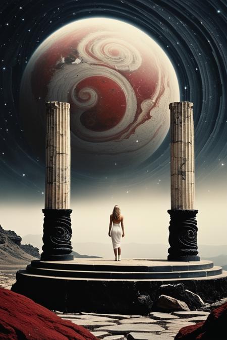 A realistic, surreal futuristic scene in the style of a 1980s sci-fi movie. A white female figure takes up two-thirds of the composition, standing prominently on a rugged rock platform. The background is a dark cosmic vacuum filled with distant stars, featuring intricate, circular, and geometric architectural elements resembling columns and futuristic structures. A large, textured planet with a rough, carved surface hovers in the remaining third of the background, partially framed by a spiral or wave-like stone structure wrapping around it, enhancing the otherworldly and cinematic atmosphere. The scene uses hues of red, white, and black, with minimal intermediate colors, maintaining a high-contrast retro aesthetic. The image has a grainy, slightly faded texture, with a vintage film look and neon glow, emphasizing the style and cosmic wonder reminiscent of 1980s sci-fi films. Include film grain, fog effects, and a slight haze for an atmospheric touch.