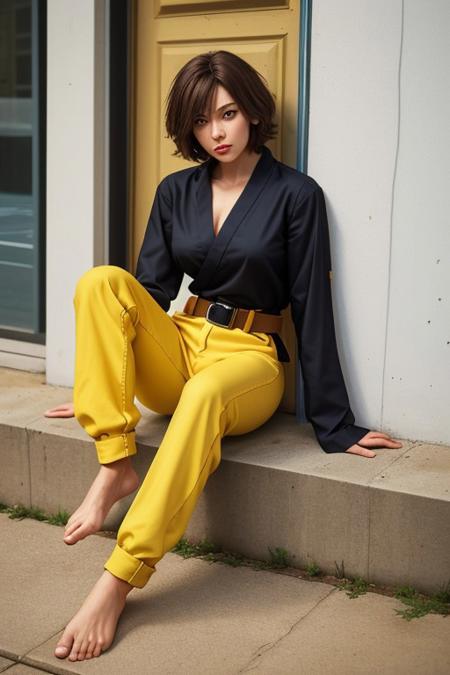 nice hands, perfect hands, <lyco:GoodHands-beta2:1>, absurdres, april o'neil, 1girl, short brown hair, black eyes,full body, yellow jumpsuit, sleeves rolled up, white belt, sitting, feet, barefoot, soles,