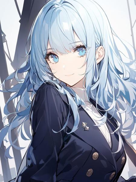 1girl, looking at viewer, light smile, light blue hair, blue eyes, dark blue peacoat, day <lora:kincora_XL_style_v01.10.02:1>