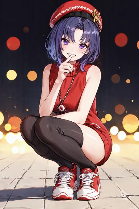 hat.red sleeveless sweater,thighhighs,<lora:CarolSW:0.7> ,(8k, RAW photo, best quality, masterpiece), 1girl, violet_hair, blurry, blurry_background, blurry_foreground, blush, depth_of_field, drawstring, fingernails, grin,  looking_at_viewer, multicolored_hair, shoes, short_hair, shushing, smile, sneakers, solo, squatting,thighs