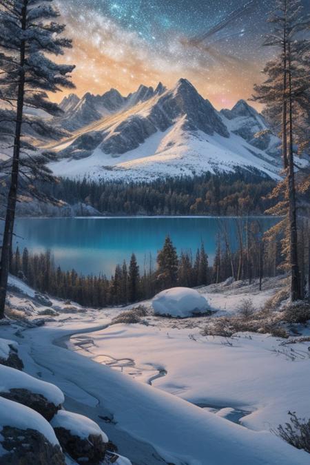 Masterpiece, high-resolution, grainy image, tall mountains, pine forest, lake, snow, galaxy, mountain trail