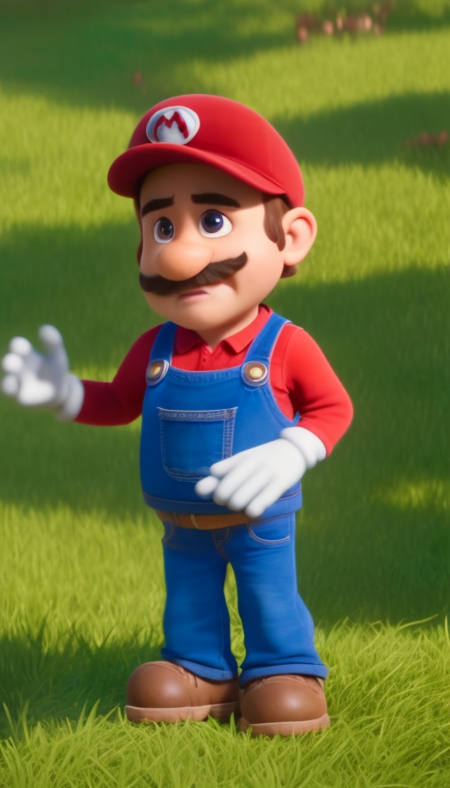 pixar style, mario bros, smile, field, natural skin texture, big eyes, 
4k textures, hdr, intricate, highly detailed, sharp focus, cinematic look, hyper detailed, in mario bross clothing, sunset lighting