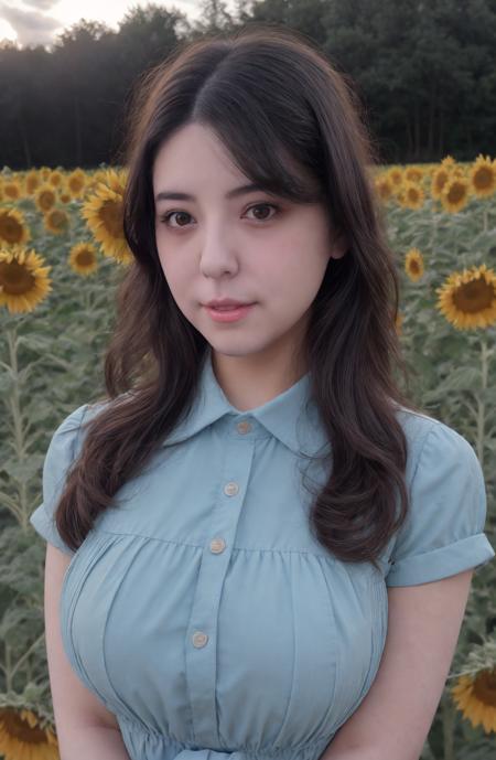 @BunnyAyu, BunnyAyumi \(Person)\, masterpiece, 1girl, ((portrait shot)), black eyes:1.5, nose, black hair, eyeliner, closed mouth, looking at viewer, long hair, blue sun dress|blue collared shirt, background: field of sunflowers, sunrise, solo, upper body, <lora:BunnyAyumi:1>