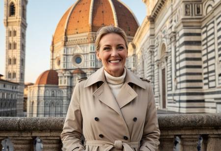 A single, hyper-detailed, ultra-high-resolution (8K) portrait of a 40-year-old woman with sleek blonde hair tied back. Her striking blue eyes, natural laugh lines, and subtle wrinkles convey a grounded, elegant charm. She wears a tailored beige trench coat layered over a soft cream sweater and fitted jeans. She stands confidently alone near a classic stone balustrade in Florence, with the majestic dome and intricate marble façade of the Duomo (Santa Maria del Fiore) rising behind her, bathed in warm, late afternoon Tuscan light. The image is composed with a shallow depth of field, focusing on her expression and presence while gently blending the iconic Renaissance architecture in the background.