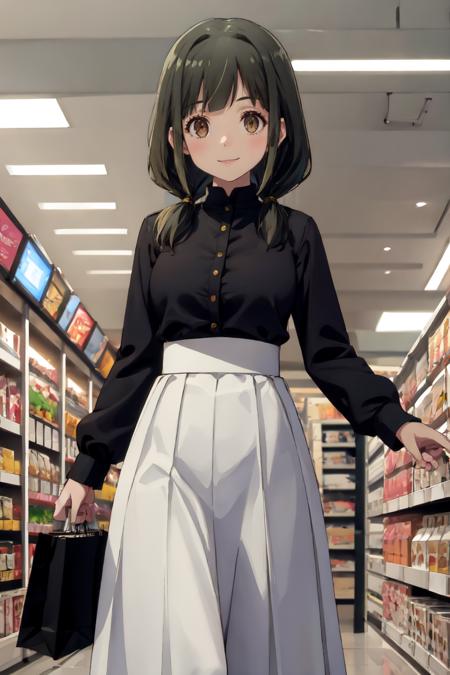 masterpiece, best quality, absurdres, 1girl, solo, HinoAkira, low twintails, high-waist skirt, long skirt, white skirt, black shirt, long sleeves, smile, standing, indoors, shopping mall, <lora:HinoAkira:0.8>