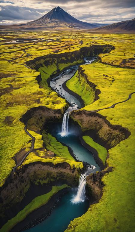 Adventure, Aerial View, Agricultural Field, Awe, Beauty, Beauty In Nature, Canyon, Cliff, Cloud - Sky, Color Image, Discovery, Dramatic Landscape, Drone, Environment, Environmental Conservation, Exploration, Extreme Sports, Extreme Sports Point of View, Extreme Terrain, Famous Place, Geology, Green Color, Hill, Horizontal, Iceland, Idyllic, Island, Journey, Landscape - Scenery, Lava, Majestic, Moss, Mountain, Mountain Peak, Mountain Ridge, Nature, No People, Non-Urban Scene, North, Outdoors, Photography, Ravine, River, Rock - Object, Rough, Scenics - Nature, Sky, Social Issues, Stone - Object, Stone Material, Stream - Body of Water, Summer, Tourism, Travel, Travel Destinations, Uncultivated, Vacations, Valley, Vibrant Color, Volcanic Landscape, Volcano, Water, Waterfall, Wilderness, breathtaking photograph, dramatic light, award-winning, professional, highly detailed . 35mm photograph, film, bokeh, professional, 4k ,minimalistic, daylight, warm atmosphere, cinematic look, simple look, simple style, dramatic scene, unusual scene