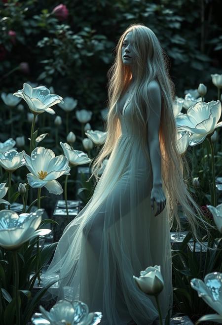In a secret garden where flowers take the shape of polished, liquid mercury, reflecting the world in distorted and fleeting images, a beautiful vampire moves with the ethereal grace of a phantom. Her skin, pale as moonlight, is almost translucent, and her long, flowing hair cascades like a shimmering waterfall of molten silver. She is not bound by the mortal need for blood, but by a profound connection to memory, her very essence woven from the fading echoes of forgotten moments. The air is heavy with the scent of mercury, a metallic fragrance mingling with the faint whispers of lost souls, creating a haunting sense of both beauty and despair. Her eyes, deep pools of quicksilver, reflect countless stories from the past, each a fragment of a world that no longer exists. Her touch is as cold as a tomb, a constant reminder of the inexorable march of time and the fragility of all things. She is the keeper of this garden, a guardian of both sorrow and beauty, a spectral reminder of what once was. She is not just a vampire; she is a weaver of time, her very being an archive of the past.