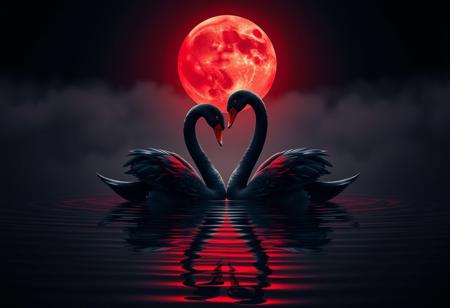 A cinematic illustration of two swans entwined as a heart shape in the still waters of a serene lake. The swans are artfully painted in a striking black and sleek red design. The vibrant red accents draw the eye, creating a bold and eye-catching contrast against the deep, enigmatic black background. The full red moon casts its ethereal glow on the scene, adding to the mystique. The overall effect is a striking conceptual art piece that explores the themes of love, passion, and the unknown.