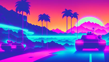 (tank) driving down the street to the sunset, outrun, snthwve style wallpaper