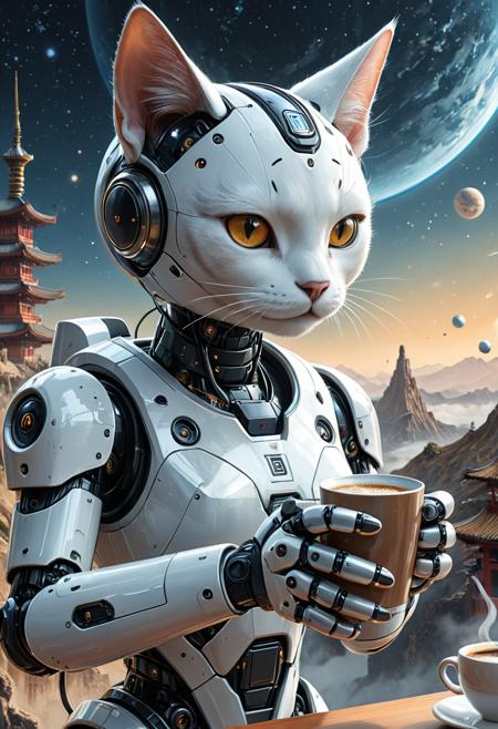 A close up magazine cover of an cat robot holding a cup of coffee, space, scenery, sharp and clear visual execution, dynamic light, dynamic pose, dynamioc expression, masterpiece, 8k, absurdres, high detail, artwork, Magazine cover with Asian characters, muted colors, pale colors, illustration, digital painting, mobe-cybideen, <lora:CyberBioDetailEnhancerV1:0.55>, <lora:add-detail-xl:0.75>,