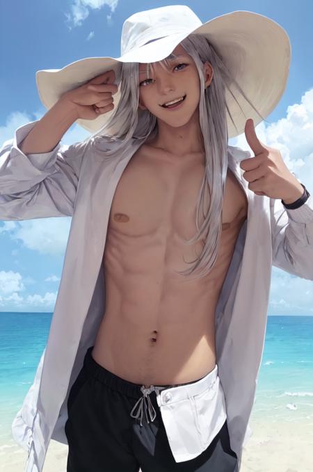 masterpiece, best quality, ultra-detailed, illustration
(older man:1.4), (mascular male:1.8), (Fine macho:1.4), (silver hair:1.4), short cut, sunglasses, cowboy hat, hold beer can, laughing, thumbs up, beach, blue sky, sunlight, cloud, 
chikuban, bandaids on nipples, covered nipples,  uppper body,  pants, shirtless
 <lora:chikuban_sujiban_V5_Resize_DIM8:0.8>