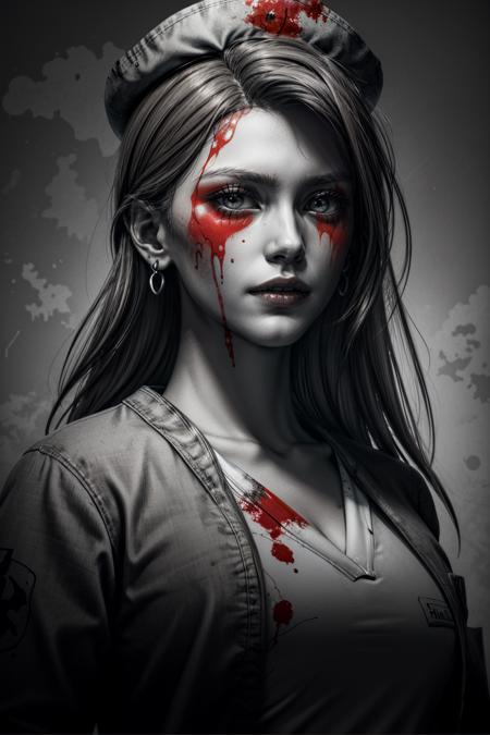 (masterpiece, best quality)
LisaGarlandSH, 1girl, solo, long hair, hat, jewelry, monochrome, upper body, earrings, blood, spot color, blood on face, blood on clothes, limited palette, blood in hair
<lora:epi_noiseoffset2:1>  <lora:add_detail:0.7>  <lora:LisaGarlandSH:0.9>