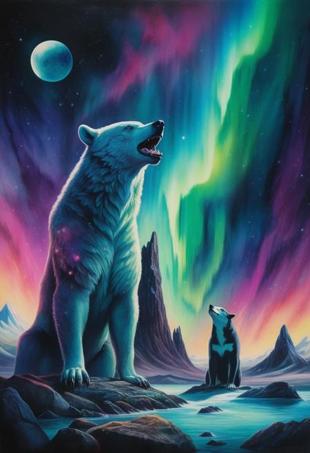 Cosmic Surrealism. Medium shot. Insane space clowns setting up a genesis teraforming device on an asteroid. Close-up. Vibrant watercolor with vivid complementary colors. Iridescent holographic Tlingit totem animals glowing in the dark space. Holographic bear, wolf, orca, and raven totems emit an ethereal aura amidst the aurora borealis. Dark space with glowing zodiac star chart and nebula in the background. Moody, otherworldly lighting with neon-like accents. High contrast, cinematic. Mystical, dreamlike. Vibrant aurora borealis, iridescent colors, cosmic, surreal, watercolor masterpiece, detailed, high-contrast, vivid, atmospheric.