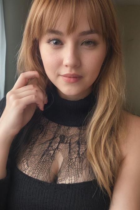 instagram photo, closeup face photo of 23 y.o Chloe in black sweater, cleavage, pale skin, (smile:0.4), hard shadows