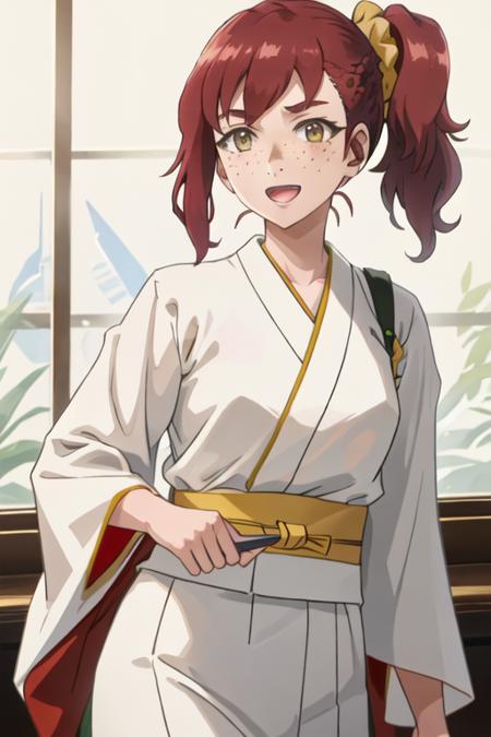 best quality, masterpiece, highres, solo, {white kimono:1.35}, {red hakama:1.35}, {wide sleeves:1.20}, {lily_lipman_birdiewinggolfgirlsstory:1.15}, red_hair, scrunchie, freckles, side_ponytail, brown_eyes, open_mouth, hair_ornament