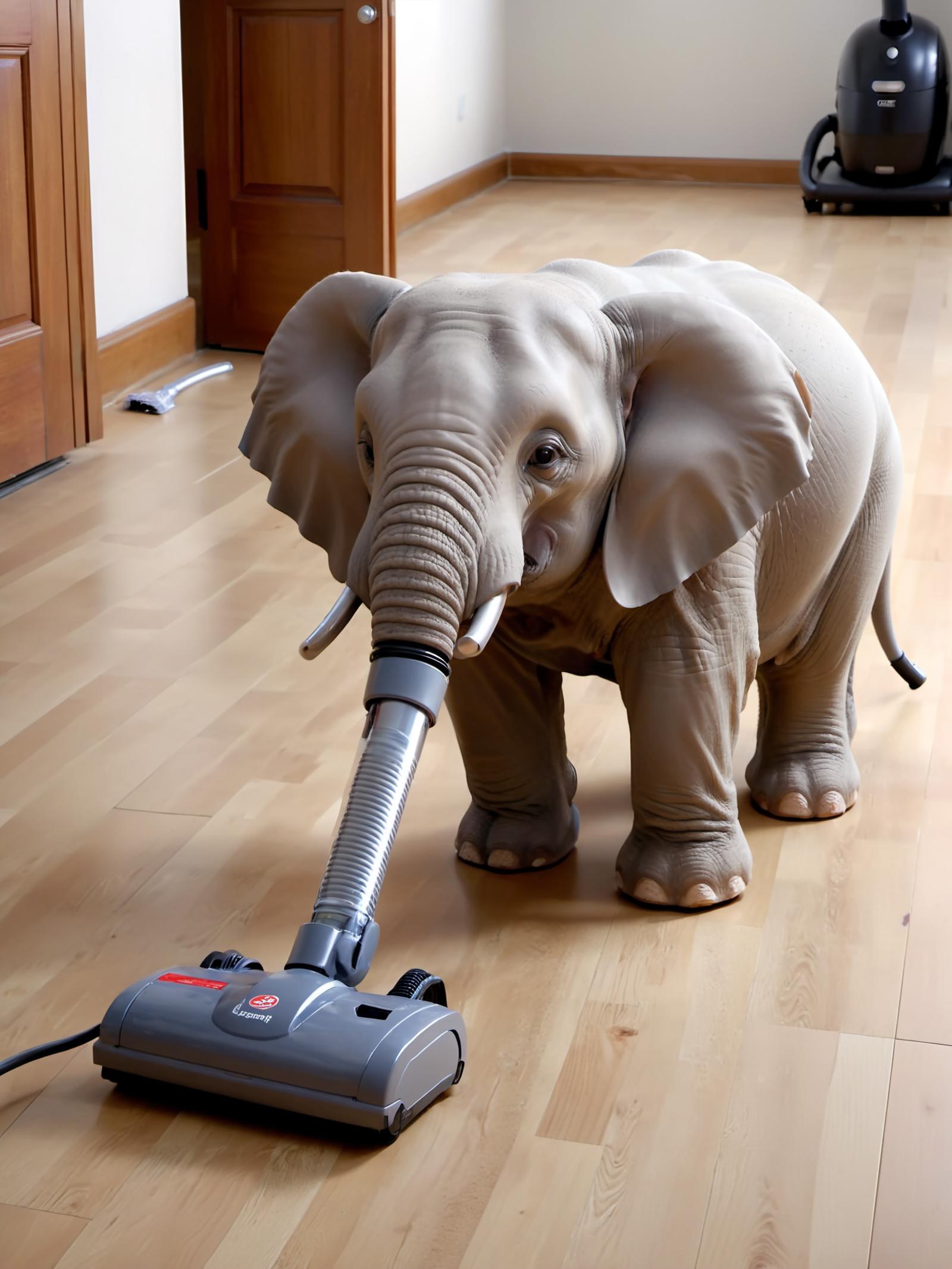 A baby elephant using a vacuum cleaner to clean the floor.