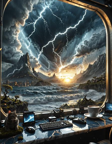 <lora:SW01v1-5xl:1> EFFD02, imagination, epic world, halos of light in the darkness of space, sunset, SE12, rich detailed sky, clouds, T10, landscape, mountains, high waves, rocks, tree, vegetation, moss, rough sea, blue, T1, white, dark blue, fantasy, blue, gold, T3, marble, T7, bokeh, T4, spacecraft, cyberpunk city, storm, lightnings, wind, cute cat, desk, cup of cofee, computer screen, in an office, opened window,
