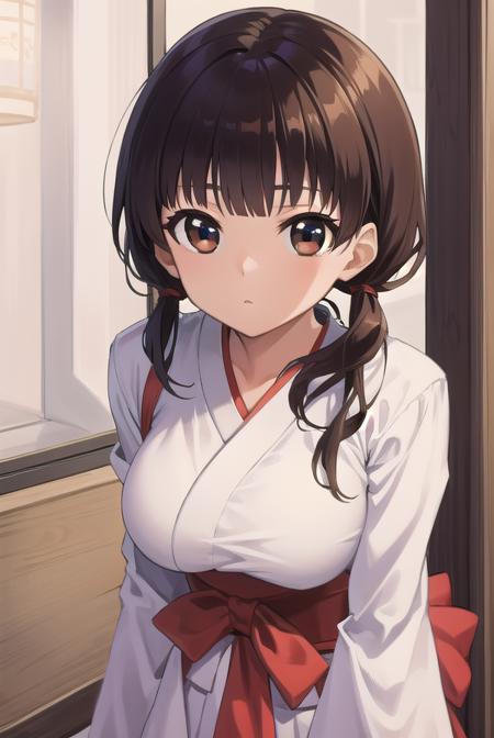 komakijindai, <lora:komakijindai-000010:1>,
komaki jindai, long hair, black hair, twintails, (brown eyes:1.5), low twintails, (large breast:1.2), hair between eyes,
BREAK skirt, long sleeves, cleavage, japanese clothes, wide sleeves, kimono, hakama, hakama skirt, white kimono, miko, red hakama,
BREAK looking at viewer,
BREAK outdoors, shrine,
BREAK <lora:GoodHands-vanilla:1>, (masterpiece:1.2), best quality, high resolution, unity 8k wallpaper, (illustration:0.8), (beautiful detailed eyes:1.6), extremely detailed face, perfect lighting, extremely detailed CG, (perfect hands, perfect anatomy),