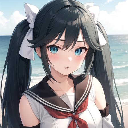 ((masterpiece)),(best quality),official art,extremely detailed CG,unity 8k wallpaper,ultra detailed,A lighthouse on a cliff by the sea,1girl,solo,upper body,(portrait:1.2),twintails,long_hair,detached_sleeves,zettai_ryouiki,white_thighhighs,school_uniform,blue_hair,serafuku,red_skirt,hair_ribbon,neckerchief,medium_breasts,pleated_skirt,sailor_collar,hair_bow,<lora:Isuzu(kan)>,