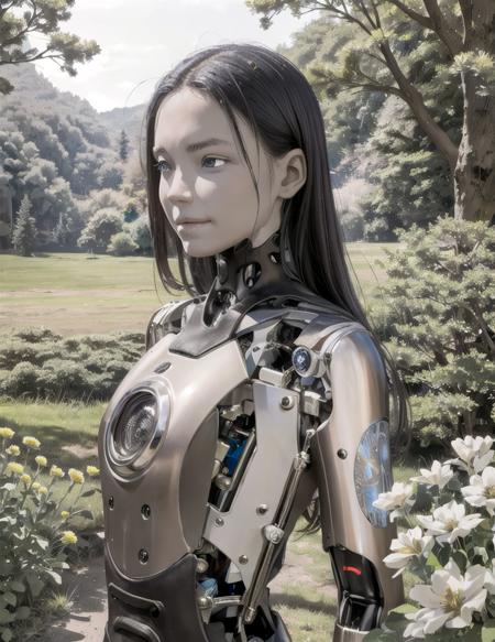 intricate detailed, (highres:1.3), (masterpiece:1.3), wide shot, best quality, quality, (perfect body, perfect face, perfect eyes:1.2), (no humans:1.3), (beautiful face:1.3), detail description of robot, HDR, an extremely delicate mechanical body, finely detailed eyes and detailed face, detailed CG, best quality, 8k resolution, distinct image, <lora:Ameca1:0.55>, aesthetic, (realistic:1.4), mullet, black hair, a core on robot's chests, science fiction, (ameca:1.65), shiny skin, smile, smiley face, chrome metal, (mechanical parts:1.4), (machine:1.4), glowing blue, (robot girl:1.4), (metallic texture:1.4), (android:1.4), grey face, A serene countryside path winds through fields of blooming wildflowers, inviting peaceful walks amidst a natural tapestry of vibrant colors and gentle fragrances., Canon Powershot A520, ultra sharp focus, cinematic lighting, dramatic shadow, depth of field, distinct image, best illumination, floating, airbrush,