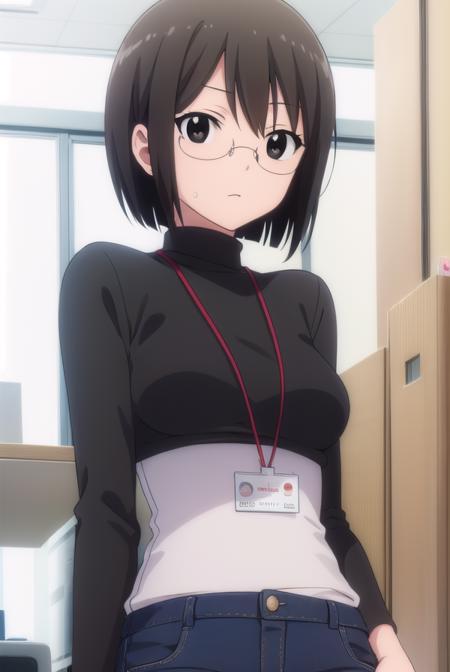 lucyyamagami, <lora:lucy yamagami s1-lora-nochekaiser:1>,
lucy yamagami, short hair, black hair, (black eyes:1.5), ahoge, glasses,
BREAK pants, sweater, turtleneck, id card, lanyard,
BREAK indoors, office,
BREAK looking at viewer, (cowboy shot:1.5),
BREAK <lyco:GoodHands-beta2:1>, (masterpiece:1.2), best quality, high resolution, unity 8k wallpaper, (illustration:0.8), (beautiful detailed eyes:1.6), extremely detailed face, perfect lighting, extremely detailed CG, (perfect hands, perfect anatomy),