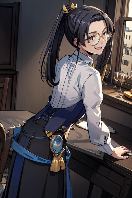 <lora:scroll-15:0.9>, 1girl, solo,  black hair, ponytail, glasses,  bob haircut, smile, (( default_dress )) from behind, standing