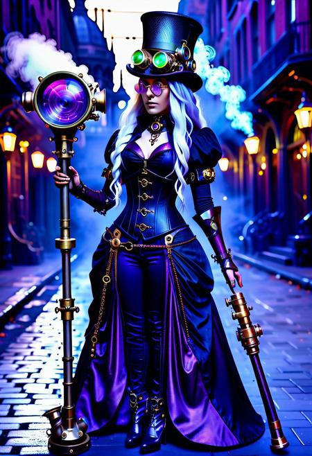 Carbon Fiber
Photorealistic close-up particles reflect iridescent colors. A surreal fusion of nature and nanotech. A stunning steampunk elf woman, ultra-realistic and hyper-detailed, standing confidently in a twilight alleyway of a Victorian-inspired steampunk city. She wears a deep black and violet corset dress with elaborate brass and gold mechanical details. Her long silver-white hair is braided with wires and gears, flowing in soft curls. A tall black steampunk top hat rests on her head, decorated with intricate brass chains, a pair of round gold-rimmed goggles, and a small telescope attached to the side. Her pointed ears peek through purple-tinted goggles. She holds a cane with clockwork elements and a softly glowing amethyst crystal. Background features softly glowing streetlamps and rising steam. Cinematic lighting, steampunk fashion, fine textures, photorealistic, full body. cf_style, cf_style Cyberpunk