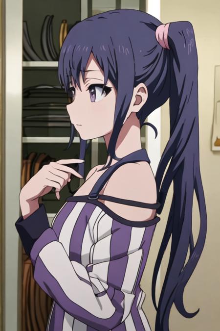 best quality, masterpiece, highres, solo, {imai_midori_shirobako:1.15}, long_hair, blue_hair, side_ponytail, 1girl, bangs, closed_mouth, indoors, profile, anime_coloring, bare_shoulders, black_eyes, sidelocks, upper_body, black_hair, ponytail, purple_eyes, from_side, shirt