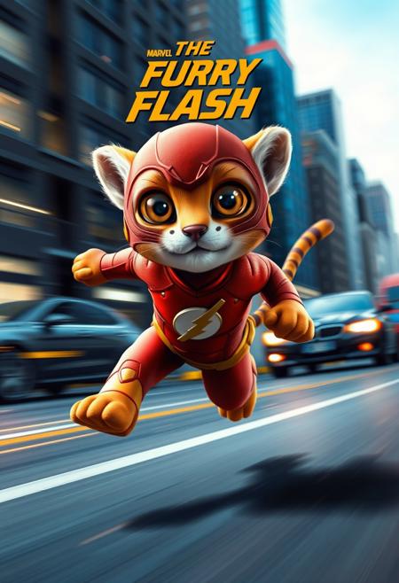 "Create a hyper-realistic image of a cute, anthropomorphic cheetah wearing a miniature version of The Flash's iconic costume, with the title 'The Furry Flash' emblazoned across the top in the style of Marvel. The Furry Flash is shown in mid-sprint, its big, round eyes shining with excitement as it speeds through the city streets. Speed lines and motion blur surround the Furry Flash, emphasizing its incredible velocity. The background is a blur of color and light, with buildings and cars streaked across the image. The Furry Flash's tiny paws are a blur, and its adorable face is set in a determined expression. Style: hyper-realistic, cute, and action-packed, with a focus on capturing the speed and agility of the Furry Flash."