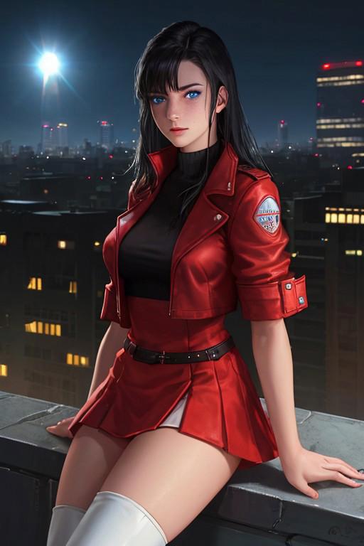 a portrait of a cyberpunk girl, (pale skin with freckles and straight black hair, blue eyes), muscular BREAK
wearing a (red bolero jacket, white dress with short skirt, tighthigh boots) BREAK
on a ledge overlooking a cyberpunk city at night BREAK
CHRRY, very detailed skin, skin pores, dolly zoom, dutch angle, lens flare, spot lights, sharp focus, intrincate details