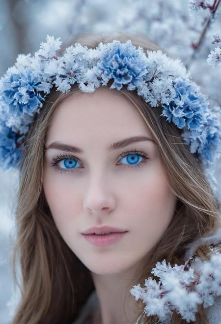 In this tranquil portrait, 
a young woman's face is framed by soft, 
ethereal blossoms, 
accentuating her striking blue eyes and the gentle dusting of frost that mimics a winter's touch. The cold hues and the floral crown suggest a harmonious blend of the chill of winter and the promise of spring, 
capturing a moment of pure, 
untouched beauty in a natural, 
frosty environment.