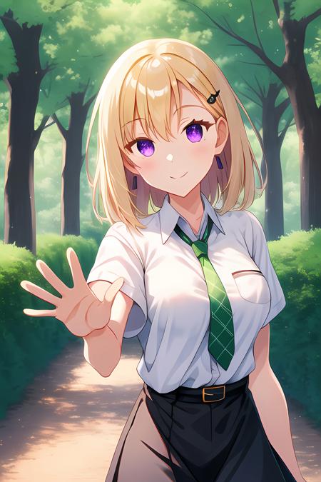 Saki, blonde hair, hairpin, white shirt, green tie, (park), trees, walking, smiling, waving her hand, greetings, purple eyes, black skirt, medium boobs