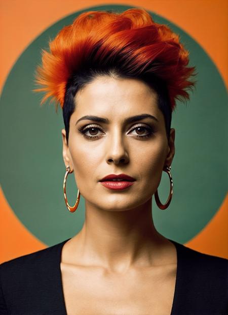 portrait of sks woman by Flora Borsi, style by Flora Borsi, bold, bright colours, orange Mohawk haircut, ((Flora Borsi)), <lora:lora_salma_v1_from_v1_160:1>