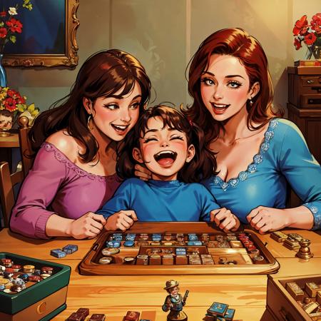 eye pupil,masterpiece,best quality,extreme detail,a family playing board game,happy,laughter,various expressions,action,retro 70's,