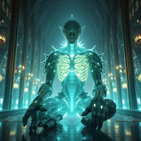 Masterpiece 4 protozoa/humanoid, bioluminescence translucent  body, with no ears and no nose, 32k, 16k, 8k, masterpiece, cinematic art, Kaiju bioluminescence translucent armor, sitting in a bioluminescence translucent cathedral,