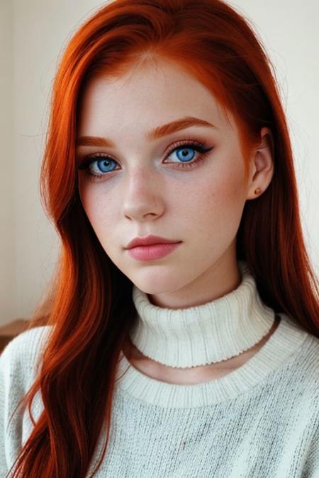 raw photo, (18yo redhead girl:1.2), makeup, blue eyes, graphic eyeliner, rouge, (choker:0.9), realistic skin texture, oversize knit sweater, (red:0.8), softcore, warm lighting, cosy atmosphere, instagram style